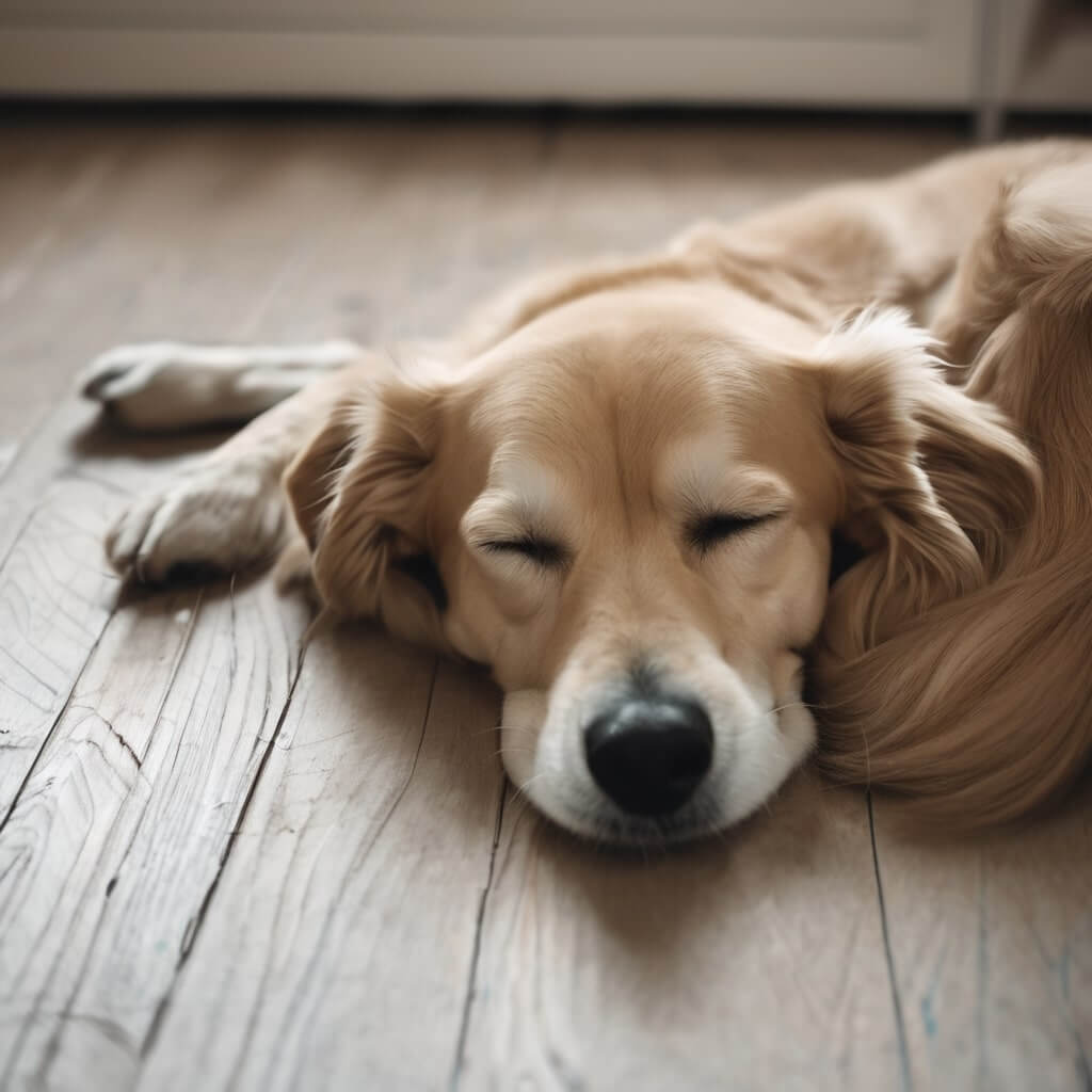 A Dog sleeping on the floor with Health Considerations like joint pain, discomfort, digestive issues, allergies