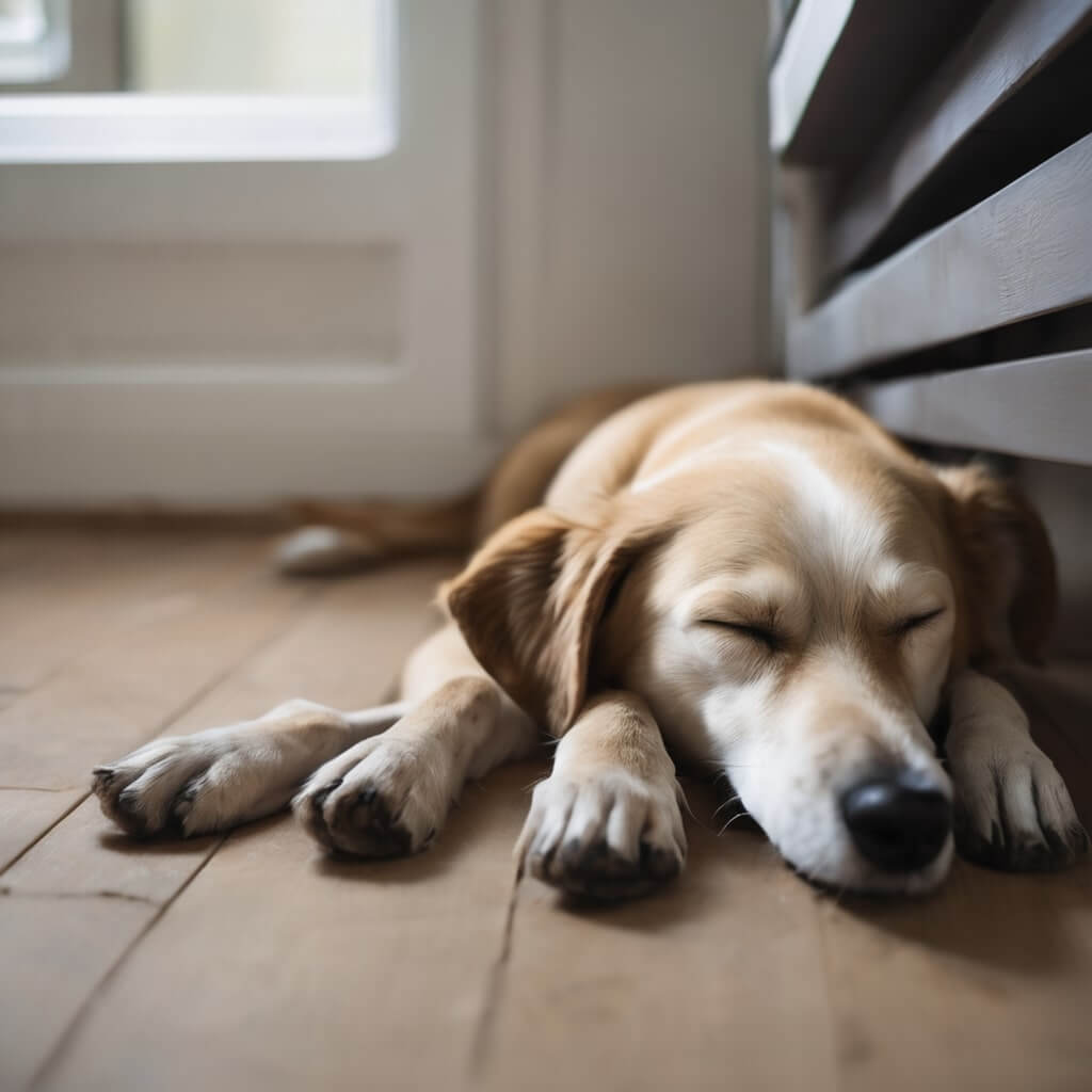 A dog sleeping in Comfort and Security on the floor