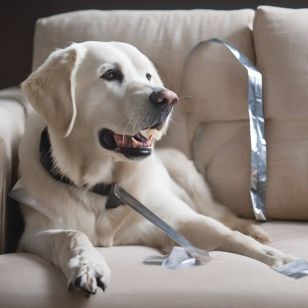 deterrents like double-sided tape, aluminum foil, or commercial DOG repellents on the sofa.