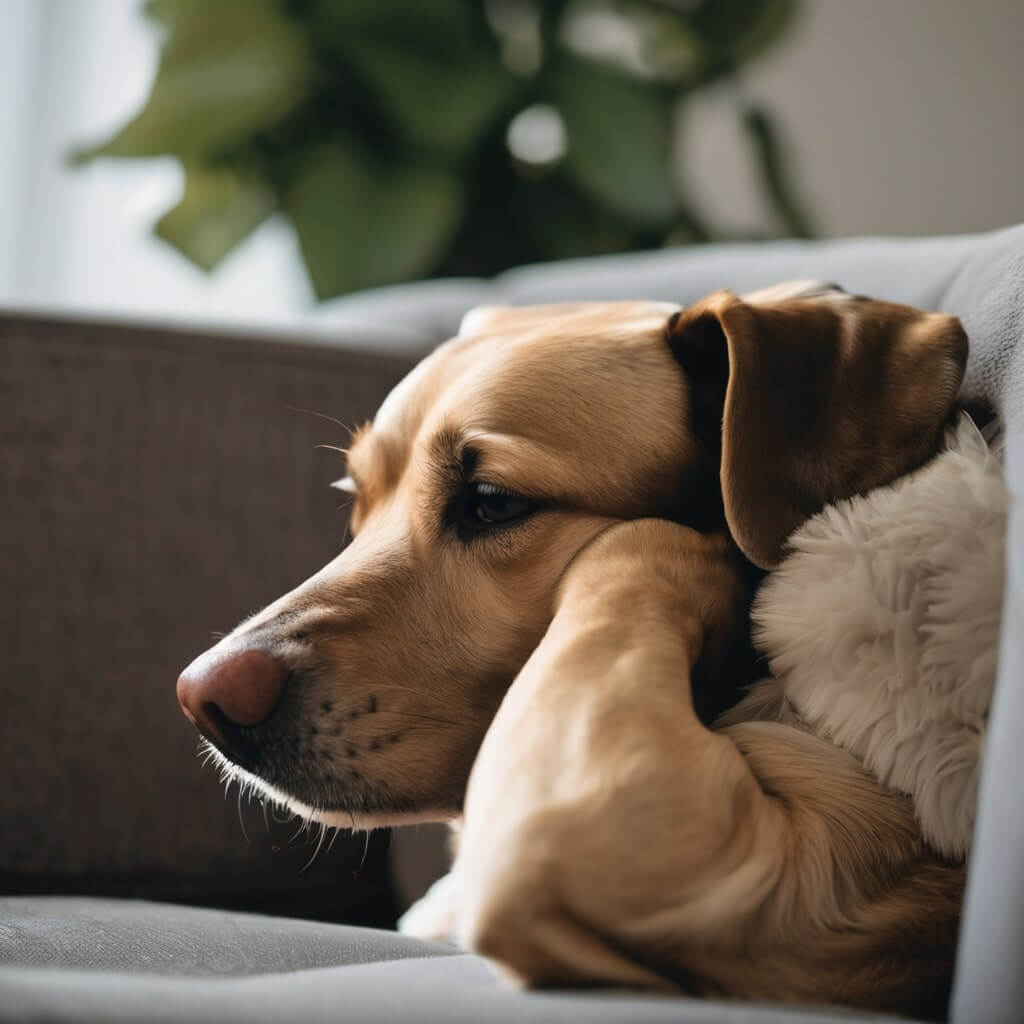 Recognizing Signs of Headaches in Dog.  Dog rubbing their head against furniture or pawing at their ears.