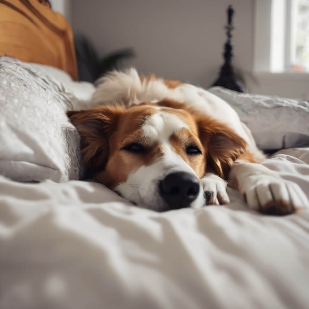 A Dog sleeping in a cozy bed with white sheets
