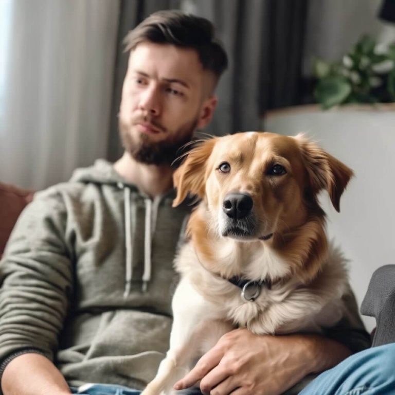dog unfamiliar with new surroundings, sitting on human lap confused.