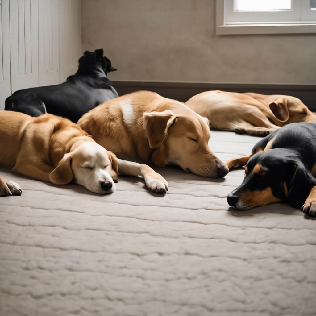 A group of Dog sleeping o a comfortable floor