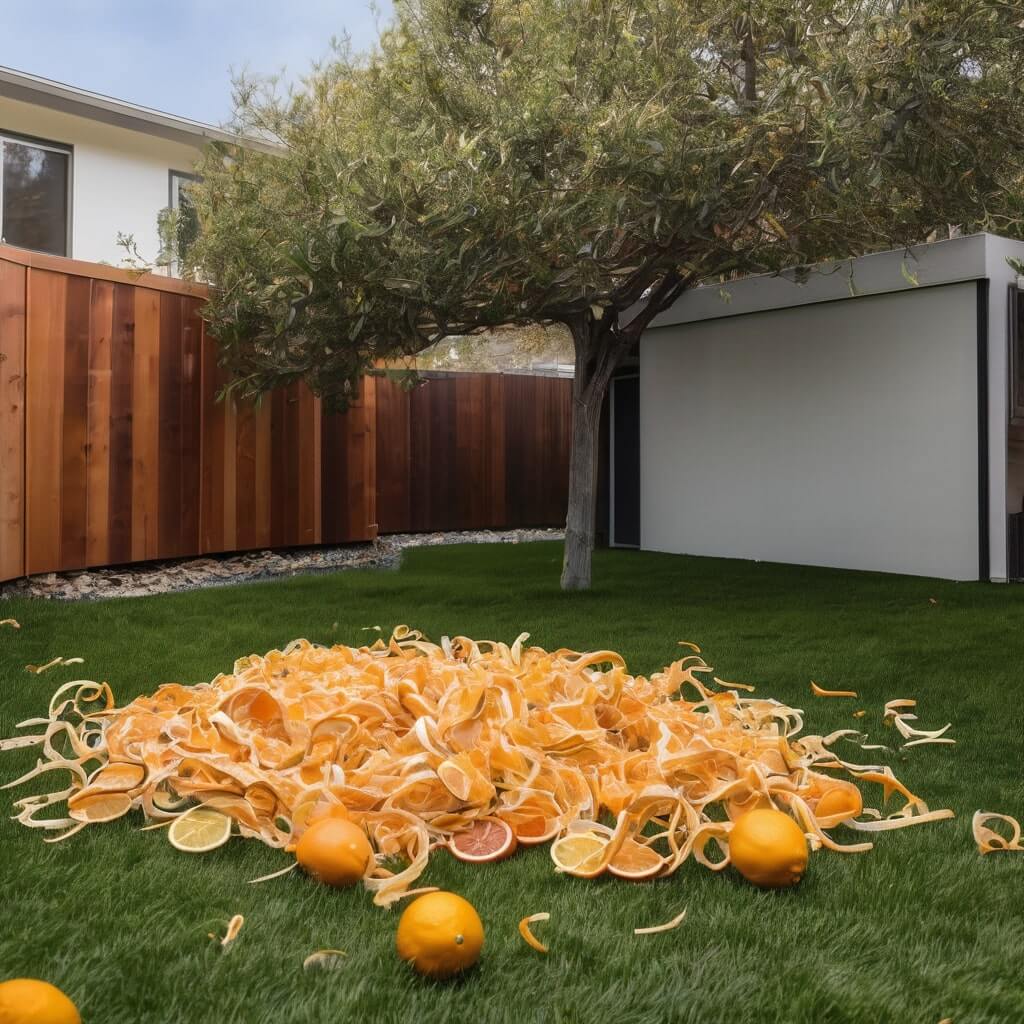 Natural Remedies for Fox Urine Smell using Citrus Peels on a grass, in backyard of an modern home