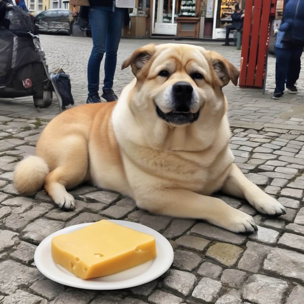 Gouda Cheese and Canine Weight Management, a chubby dog near gouda cheeese, no drinks of any kind.
