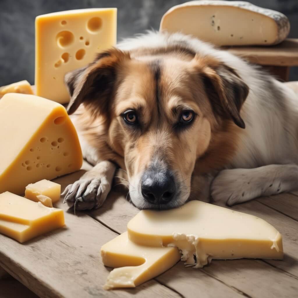 Gouda Cheese Allergies in Dogs, a dog, ill and sick from cheese nearby