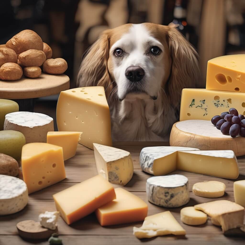 Safe Ways to Offer Gouda Cheese to Dogs, a dog staring at a table with many types of cheese