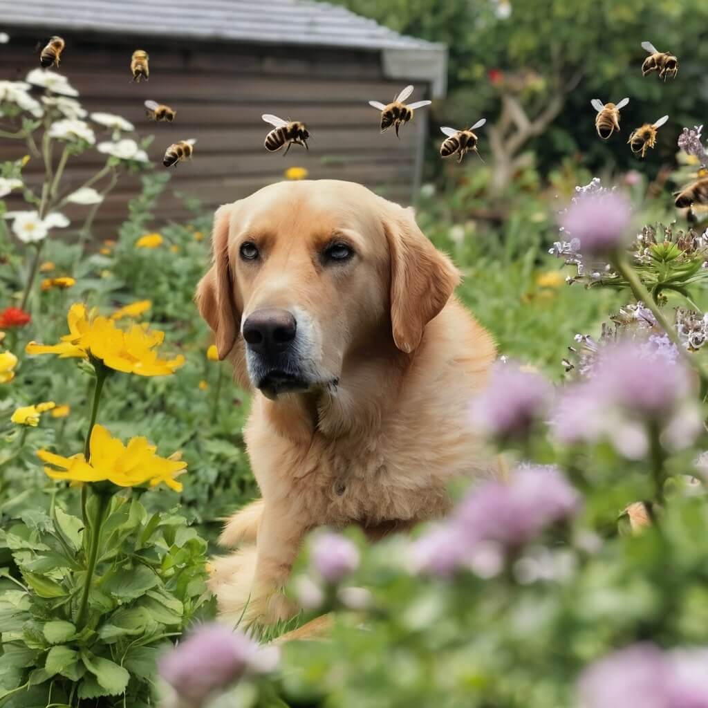 Bees near a dog in the garden