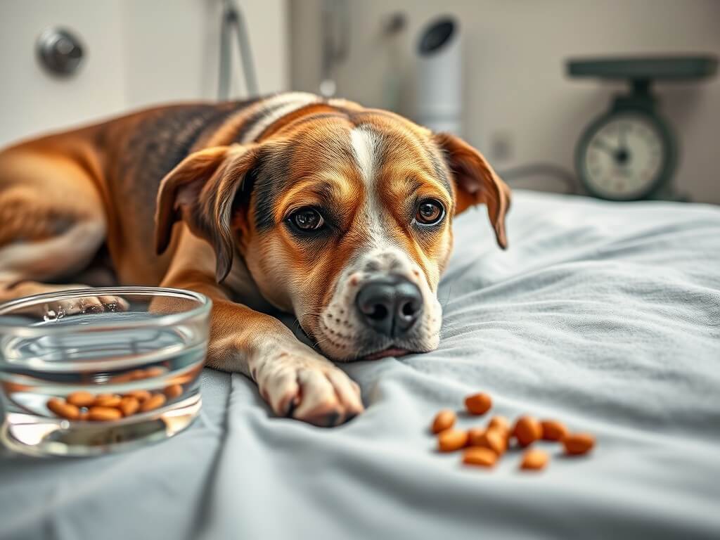 A concerned dog lying on a bed, looking weak and tired, with a bowl of water and a small pile of food nearby. The background shows a medical setting with a vet’s examination tools and a scale, emphasizing the seriousness of long-term diarrhea effects.